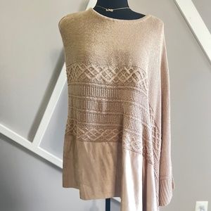 CHICO'S TEAK TAUPE FAUX SUEDE MIXED KNIT PONCHO